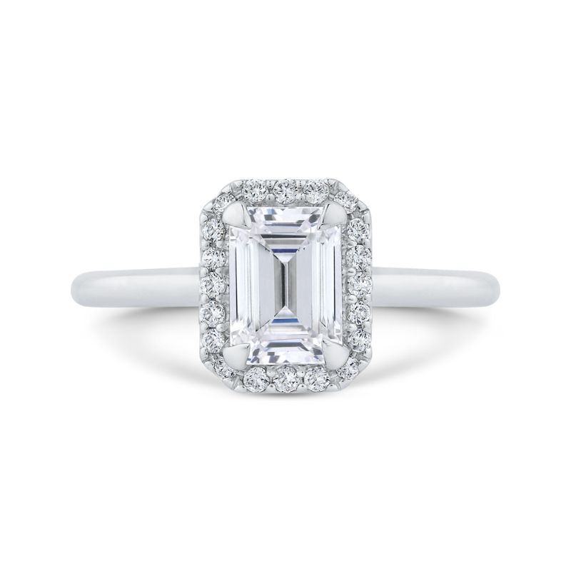 18K White Gold Emerald Cut Diamond Halo Engagement Ring (Semi-Mount)